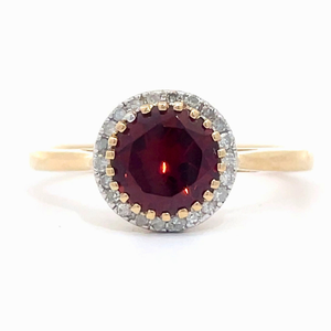 lot 13 image: Round Garnet & Natural Diamond Halo Basket Ring in Yellow Gold VIDEO