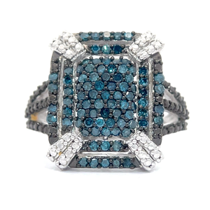 lot 23 image: 1.00 Carat Fancy Blue, Black & White Natural Diamond Rectangular Split Shank Ring VIDEO