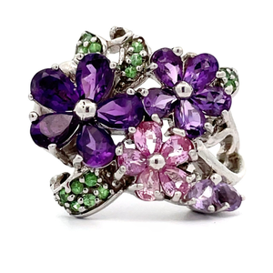 lot 27 image: Garden Vine Amethyst, Peridot & Pink Topaz Corsage Bouquet Ring VIDEO