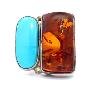 lot 39 image: Chunky Golden Amber & Turquoise Bezel Two-Stone Artisan Designer Ring