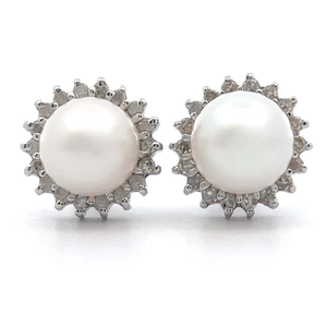 lot 20 image: White Pearl & Natural Diamond Round Button Earrings in 14k White Gold