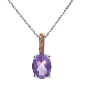 lot 12 image: Oval Amethyst & Natural Diamond Drop Pendant Necklace