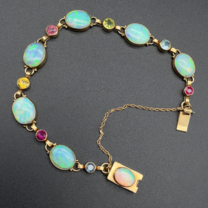 lot 10B image: Opal & Semi-Precious Gemstone Bezel Hinge Link Bracelet in 14k Yellow Gold
