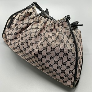 lot 0J image: Gucci GG Drawstring Hobo Bag - Pink Beige CanvasBlack Logo - Authentic $1,280 Retail