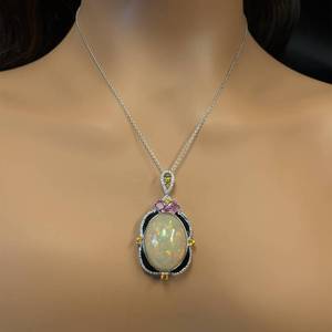 lot 2E image: Exquisite 35.01 Carat Natural Diamond & Natural Opal & Sapphire Pendant Necklace in Platinum $30,640 Appraisal Included VIDEO