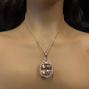 lot 8A image: 50.29 Carat Morganite & Natural Diamond Cushion Fleur de Lis Pendant Necklace in 14k Rose Gold $37,460 Appraisal Included VIDEO