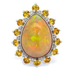lot 2F image: Lavish 9.35 Carat Opal, Orange Sapphire & Natural Diamond Pear Halo Cocktail Ring in Platinum $12,680 Appraisal Included VIDEO