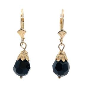 lot 53B image: Faceted Onyx Bead Fleur de Lis Wire Dangle Earrings in 14k Yellow Gold