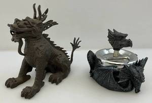 lot 71 image: Vintage Chinese Qulin Iron Branzed Statue & Dragon Themed Ashtray