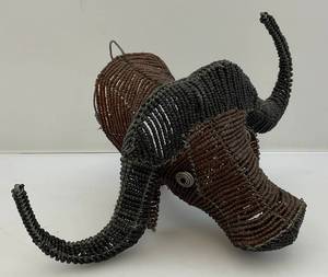 lot 84 image: Vintage African Water Buffalo Beaded Wallpiece In Beads And Wire 6 H 10 12 L x 7 W