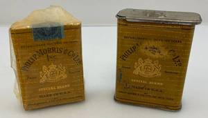 lot 87 image: Collectible WWII Call For Philip Morris Cigarette Special Blend Slide TopTin & Sealed Pack With Wisconsin Tax Paid Stamp On Bottom