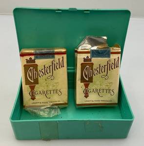 lot 89 image: Collectible Vintage Chesterfield Cigarette Packs 1 Factory Sealed 1 Opened With Wisconsin Tax Paid Stamp On Bottom