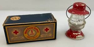 lot 90 image: 1940s Avor Red Tin Lantern W Glass Candy Container & Vintage Johnson-Johnson Red Cross Cotton In Original Box