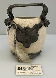 lot 119 image: Decorative Pewter & Ceramic Wolf Themed Handled Vase