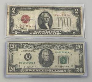 lot 170 image: 1928 $2 Dollar Red Seal & 1977 $20 Dollar Bill (In Protective Sleeves)