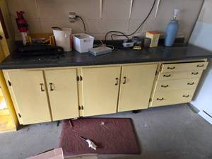 lot 5 image: Counter Height Work Bench with Counter Top 98 Long & Wooden Storage Cabinet 43x73x21