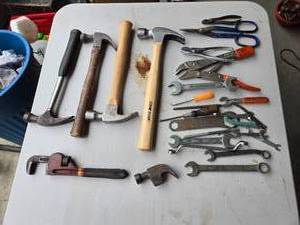 lot 28 image: Large Lot of Tools - Hammers, Pipe Wrench, Wrenches and More