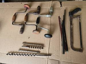 lot 29 image: Hand Crank Drills, Auger Bits, Hacksaw