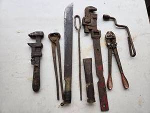 lot 61 image: Lot of Vintage Tools Machete, Snips, Pipe Wrench and More