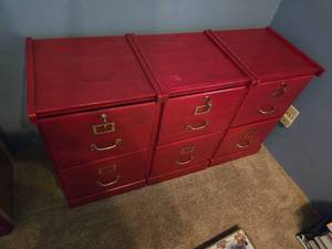 lot 1D image: Lot of 3 Locking Wooden File Cabinets with Keys