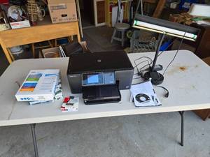 lot 175 image: HP Printer, Paper, Memory Cards, Laptop Number Keyboard, Tripod and More