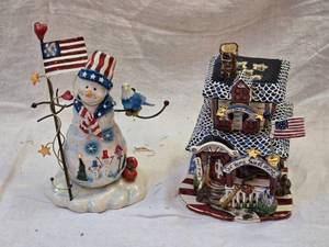 lot 274 image: Patriotic Ceramic Snowman and House Winter Decor