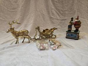 lot 280 image: Heavy Brass Reindeer and Sleigh, Santa Figure
