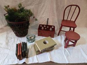 lot 283 image: Small Home Decor Items - Chair, Table, Faux Books and More