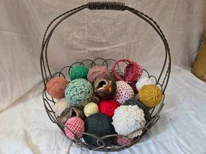 lot 302 image: Large Metal Basket with Yarn and Decorative Balls in It