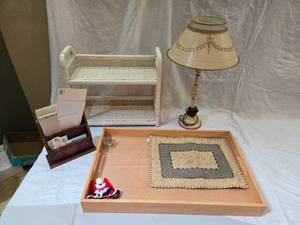 lot 304 image: Wooden Tray, Lamp and Wicker Organizer