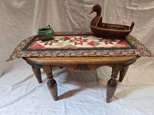lot 316 image: 6 Legged Side Table with Table Runner and Wicker Duck - Table is 20 x 31 12