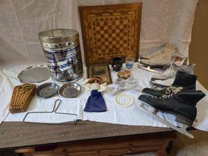lot 320 image: Old Ice Skates, Wooden Chess Board and Many More Items