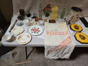 lot 321 image: Lot of Vintage and Collectible Items - Coke Bottles, Razor, Fire Chief Matches Box, Pioneer Seed Bag Sewn Together and More Items - See Pics