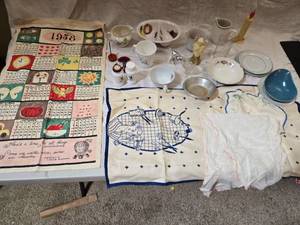 lot 328 image: Embroidered 1958 Calendar, Vintage Decorative Bowl, Cups, Small Plates and More
