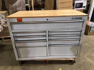 Husky 46 in. W x 24.5 in D Standard Duty 9-Drawer Mobile Workbench Tool Chest with Solid Wood Top in Gloss White damaged review pictures customer return