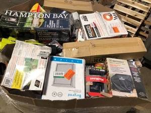 Gaylord with misc items , lighting, tools and hardware customer returns see pictures