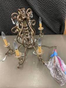 lot 254 image: Vintage 5-Light Wrought Iron Chandelier with Crystal Accents