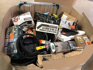 lot 9 image: Gaylord with misc items , lighting, tools and hardware customer returns see pictures