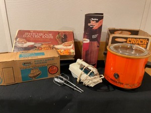 lot 93 image: Orange Crockpot, 2 Mixers, Coffee Pump and Electric Knife