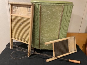 lot 95 image: Antique Laundry--Hamper, Wash Boards, Rug Beater