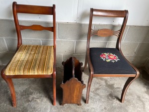 lot 10 image: Vintage Sturdy Chairs (One With Needlepoint Cover) and Magazine Rack