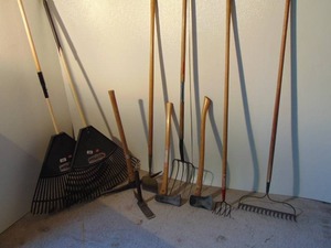 Mixed Lot of Rakes, Pitch Forks and Axes