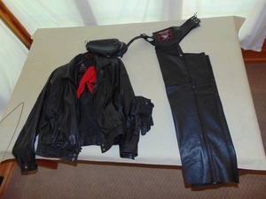 Byrnes & Baker Leather Jacket (XL) and Interstate Leather Chaps (L)