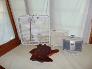 Mixed HousewareDecor Lot - Fans, Heater and Polished Wood Clock