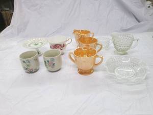 lot 26 image: Milk glass, carnival glass, teacups...
