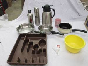 lot 35 image: Stainless pans and coffee pot, othe...