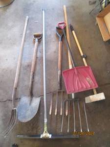 lot 30 image: Squeegee, shovels, assorted pitch forks and pooper scoop.