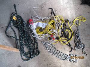 lot 42 image: Assortment of climbing ropes with pulleys and misc chains
