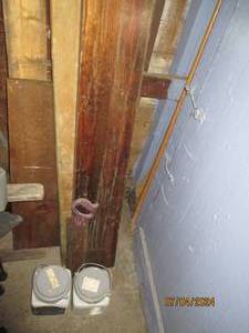 lot 50 image: Misc assortment of lumber, hand saw and two half-near full gallons of interior paint
