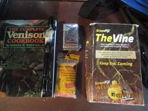 lot 55 image: Venison cookbook and assortment of hunting supplies